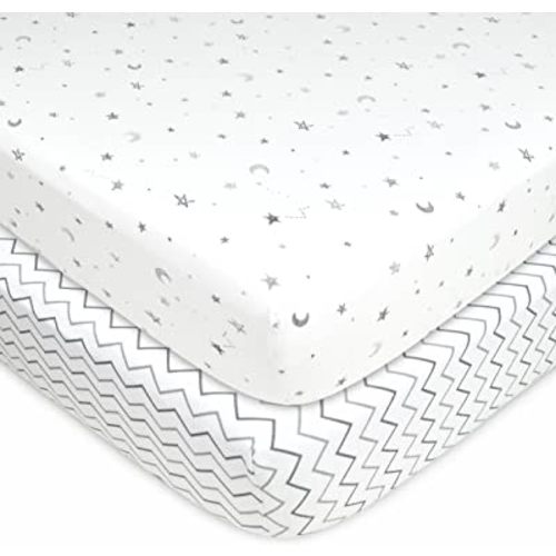 American Baby Company 2 Pack Fitted Crib Sheets 28" x 52", Soft Breathable Neutral 100% Cotton Jersey Sheet, Gray Star/Gray Zigzag, for Boys and Girls, Fits Crib and Toddler Bed mattresses