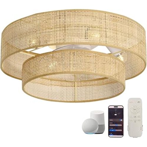 20" Bamboo Small Smart DC Ceiling Fans with Lights and Remote Control,Enclosed Caged Wicker Low Profile Boho Flush Mount Rattan Bladeless Fandalier for Bedroom Kitchen