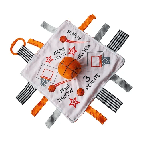 Baby Jack & Co 10x10” Basketball Sports Lovey Sensory Plush Blanket - Tag Toy for Babies - Baby Stroller Toy - Learn Shapes, Letters & Colors - Baby Ball Toy & Baby Sports Gift w/Stroller Clip