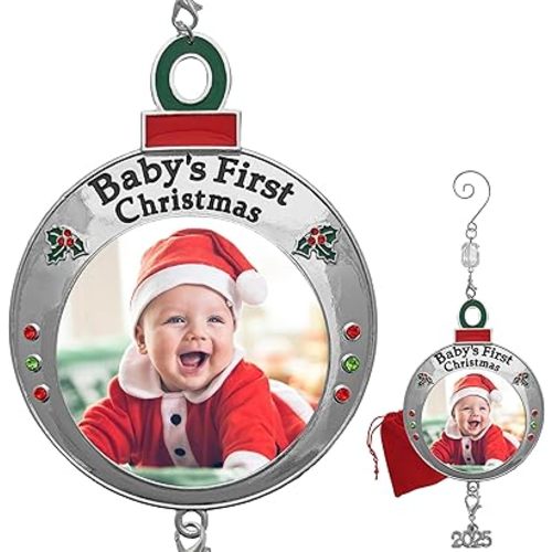 Baby's First Christmas Photo Ornament - 2025 Dated - Xmas Picture Ornaments for Newborns - Gift-Storage Bag Included - 3" D