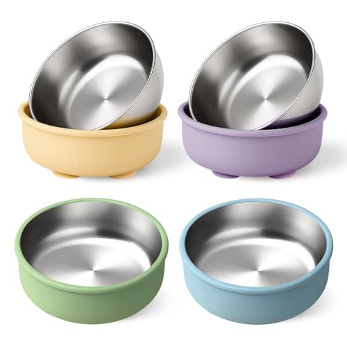 Mity rain Stainless Steel & Silicone Bowls for Baby - 4-Piece Suction Plates & Bowls for Toddlers,Removable Silicone Shell,Non-Slip Baby Food Bowl with Unbreakable Design (Baby Bowls with Suction)