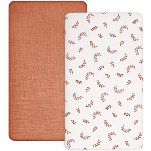 Mini Crib Sheets for Baby Boy Girl 2 Pack, Neutral Mini Crib Mattress Sheet 24" x 38", Muslin Nursery Bedding Soft and Breathable Comfort(Brick & Leaf)