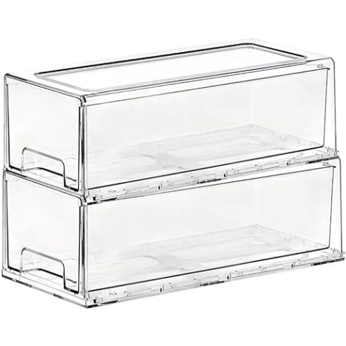 SIMPEXPE Stackable Storage Drawer, Pull Out Plastic Food Fridge Organizer Bins for Pantry Shelf Refrigerator Organization Kitchen Bathroom Cabinet Closet Office Clear -2Pack