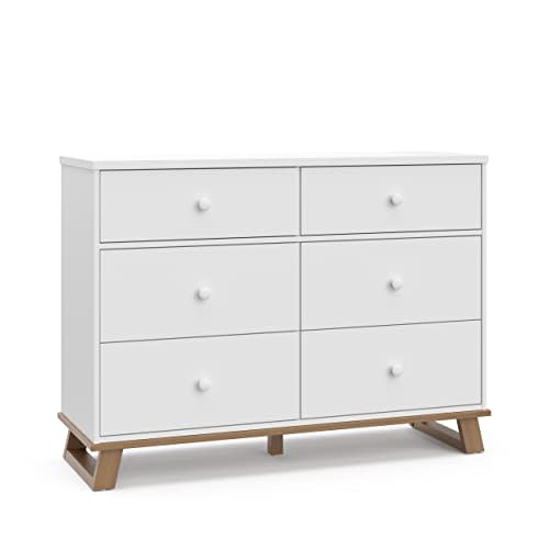 Storkcraft Modern 6 Drawer Double Dresser (White with Vintage Driftwood) – GREENGUARD Gold Certified, Modern Double Dresser for Nursery and Kids Bedroom, Wide Dresser Organizer for Children’s Bedroom