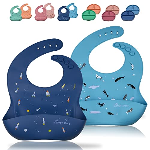 Carrot story 100% Silicone Pocket Baby Toddler Bibs, Waterproof Washable Bibs, BPA Free, Microwave/Dishwasher Safe, Set of 2