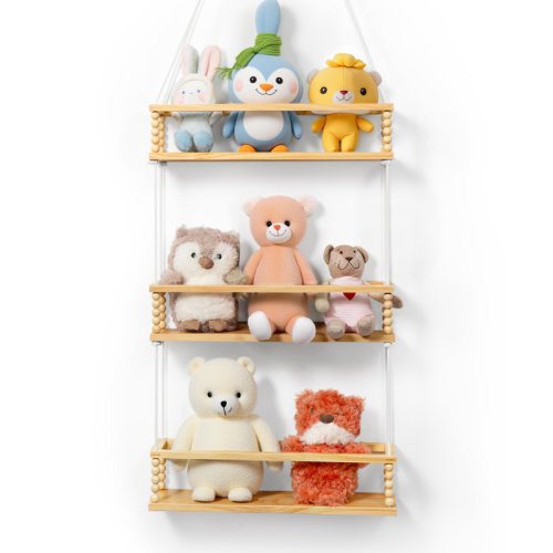 Wrought Studio™ Stuffed Animal Storage Kids 3 Tier Hanging Solid Wood Shelves Baskets Creative Zoo Toys Hold Organizer Glow in The Dark for Nursery Playroom Bedroom Wall Decor Gifts | Wayfair