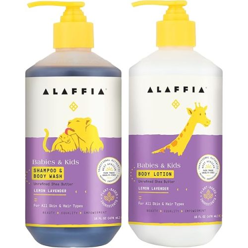 Alaffia Babies and Kids Shampoo & Body Wash (16oz) and Body Lotion (16oz) - Gentle Everyday Bath Essentials for Delicate Skin/Hair- Paraben & Sulfate Free - Natural Plant-Based Lemon Lavender Scent