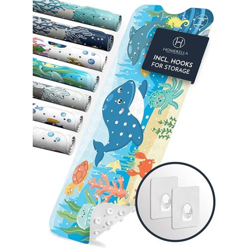 Homerella Baby Bath Tub Mat | Anti Mold Mildew Resistant Non Slip Kids and Adult Bath Tub Shower Mats | 40x16 inch Long with Suction Cups for Secure Grip Hooks for Storage & Drying | Machine Washable
