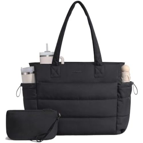 LOVEVOOK Tote Bag for Women with Giant Tumbler Holder Pocket, Puffer Work Travel Laptop Handbag with Zipper for Nurse Teacher
