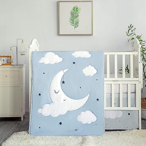 La Premura Sleeping Moon Baby Nursery Crib Bedding Set, 3 Piece Standard Size Crib Bedding Set, Blue and Grey
