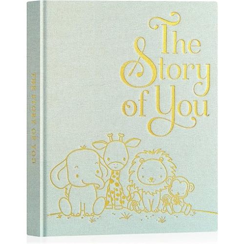 Lanpn Baby Memory Book for Boy Girl - The Story of You, Newborn Babys Book Keepsake Photo Album for New Parents, Linen Cover Baby First 5 Year Milestone Scrapbook Journal (Sage Green, 154 Pages)