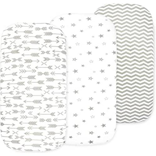 Baby Bassinet Sheet Set for Boy and Girl, 3 Pack, Universal Fitted for Oval, Hourglass & Rectangle Bassinet Mattress, Fitted Sheets Size 32 x 16 x 4 Inches, Grey-White