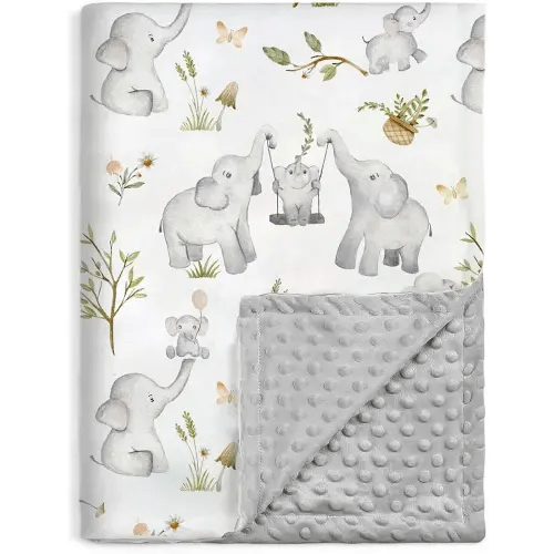 BOPRIO Baby Blankets for Unisex Boys Girls, Super Soft Nursery Minky Blankets with Baby Elephant Design and Dotted Fleece Backing, Printed Bed Throws Newborn