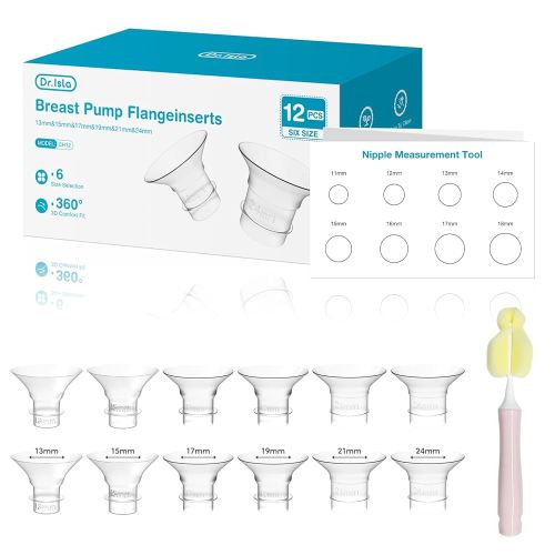 Breast Pump Flange Insert - 3 in 1 Flange Sizing Kit 13/15/17/19/21/24mm 12 pcs for Dr.isla & Other 24mm Most Pumps, Nipple Card, Cleaning Brush, Breastfeeding Essential Pumping Kit for Mom