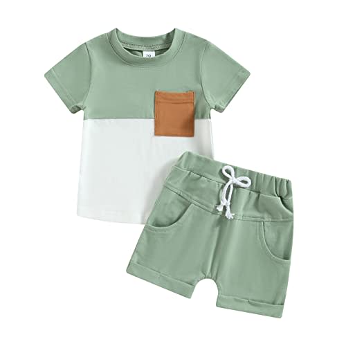 LIOMENGZI Infant Baby Boys Summer Clothes Sets Outfits Color Block Short T-shirt Elastic Striped Shorts Set Toddler Clothes