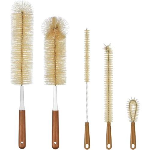 ALINK 5-Pack Bottle Brush Cleaner - Long Bamboo Handle Water Bottle Straw Cleaning Brush for Washing Narrow Neck Beer Wine Decanter, Sports Bottle, Thermos, Flask
