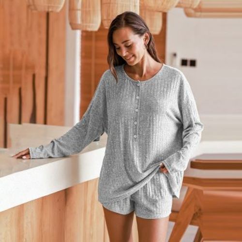 Women's Cozy Gray Ribbed Knit Loungewear Set - Cupshe-S-Gray