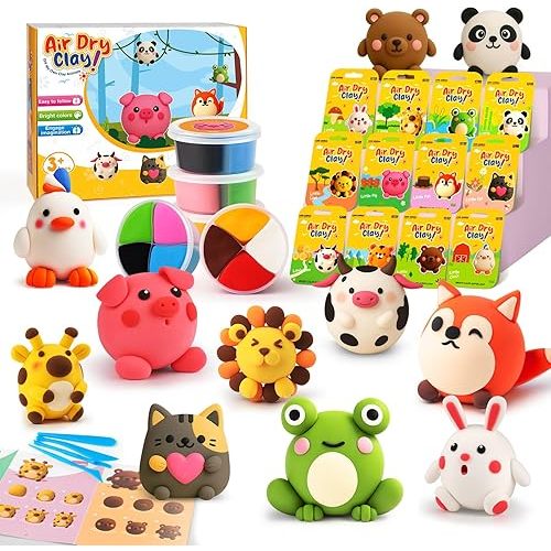 Air Dry Clay for Kids 12 Animals, Modeling Clay Kit Boxes with Sculpting Tools and Tutorials, Ultra Light & Soft & Odorless DIY Art Crafts Gifts for Boys Girls Party Favors Classroom