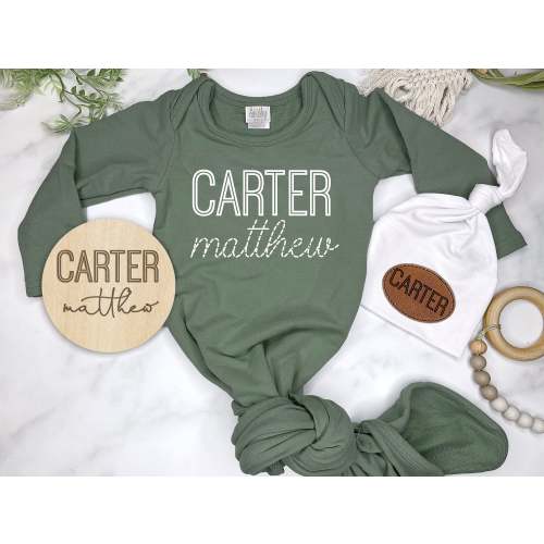 Bamboo Newborn Baby Boy Outfit, Baby Boy Personalized Knotted Gown, Newborn Outfit, Monogramed, Name Sign, Knotted Hat, Coming Home Outfit