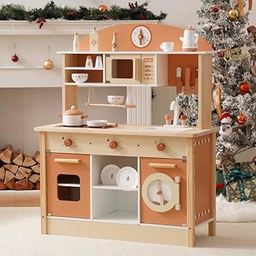 ROBOTIME Wooden Play Kitchen Set, Play Kitchen Set for Kids with Realistic Design, Kids & Toddlers Kitchen Playset with Dishwasher, Toy Kitchen Set for Boys and Girls Ages 3+ (Brown)