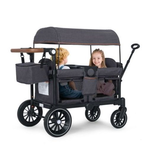 Kinder King 2-Seat Wagon Stroller, All-Terrain Foldable Stroller Wagon for Toddlers with Canopy, Snack Tray & Push/Pull Bar, Grey