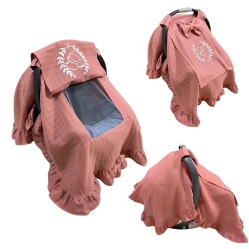 Custom Safety Seat Covers for Newborn Baby Car, Personalized Baby Car Seats Canopy Infant Car Seat Cover Muslin Gauze Ruffle and Peekaboo Mesh Window for Toddler Kids