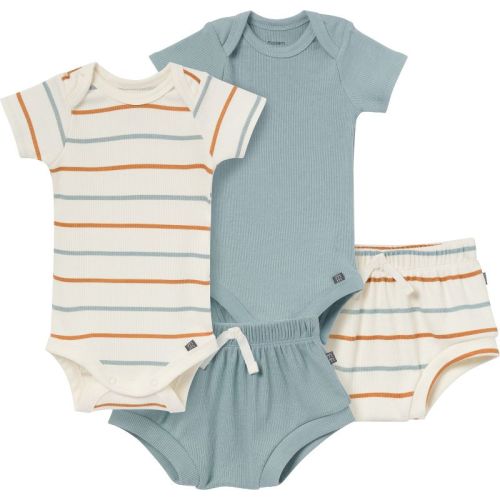 Modern Moments™ By Gerber Baby Boys' 4-pack Short Sleeve Bodysuit And Shorts Set, Ivory 2 Color Stripe/med Teal, 6-9m