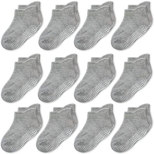 CozyWay Ankle Style Socks with Grip for Little Girls & Boys, Infants, Toddlers, Children - 12 Pairs