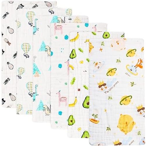 FOOK FISH Muslin Burp Cloths Cotton Burping Cloth 20'' X 10'' Pack of 6 for Baby Spit Up Cloths for Newborn,Absorbent,Soft,Large,6 Layers,Baby Burp Rags,Unisex,for Boys and Girls(Colorful)