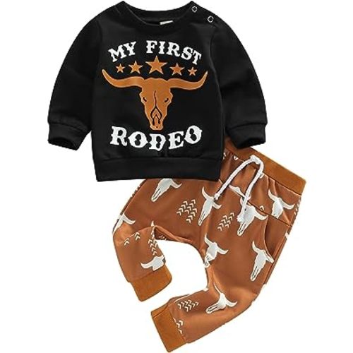 SAYOO Western Baby Boy Clothes Cow Print Sweatshirt Pullover Top Jogger Pants 2Pcs Toddler Boy Cowboy Fall Winter Outfits