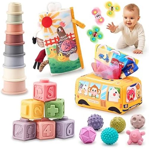 JoyCat Baby Toys 6-12 Months, Montessori Sensory Baby Toy Set with Stacking Cups, Soft Blocks, Tissue Box Toy, Spinner Toys, Sensory Balls, Cloth Book, Infant Learning Toys, Baby Shower Gift