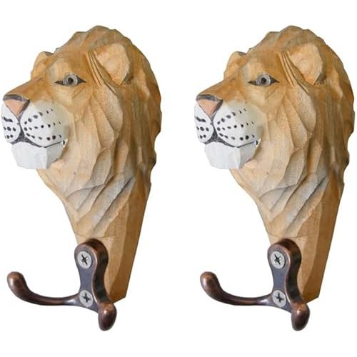 2PCS Natural Wooden Hooks Animal Creative Wall Mounted Art Décor Hat Coat Towel Hanger Gift (Lion)