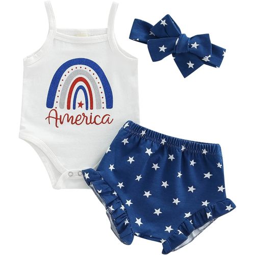 Newborn Infant 4th Fourth of July Baby Girl Outfits Onesie Romper T Shirt White Red and Blue Shorts+Headband - 0-3 Months - A Rainbow American