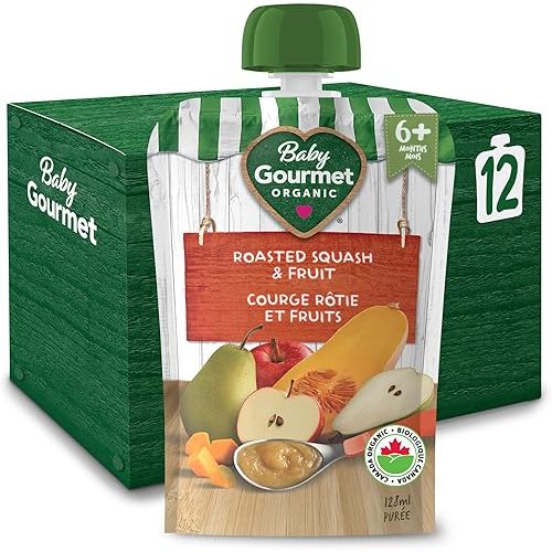 Baby Gourmet Organic Puree Baby Food Pouches - Roasted Squash & Fruit Medley - No Added Sugar Or Salt, Non GMO, No Fillers, Gluten Free, Kosher (128ml) 12 Pack