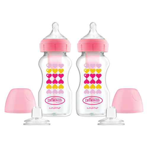 Dr. Brown’s Anti-Colic Options+ Wide-Neck Sippy Bottle Starter Kit, 9oz/270ml, Pink, BPA Free, 6m+, 2 Pack