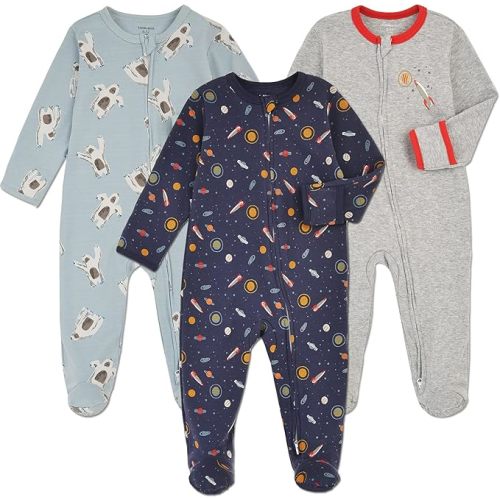 Aablexema Baby Footie Pajama with Mitten Cuffs, Double Zipper Infant Cotton clothes Sleeper Pjs, Footed Sleep Play - 3-6 Months - Snow & Rocket & Space
