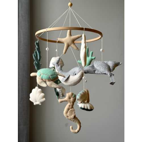Ocean Crib Mobile: Whale Nursery Decor, Felt Baby Hanging Mobile, Handmade Jellyfish, Turtle, Corals