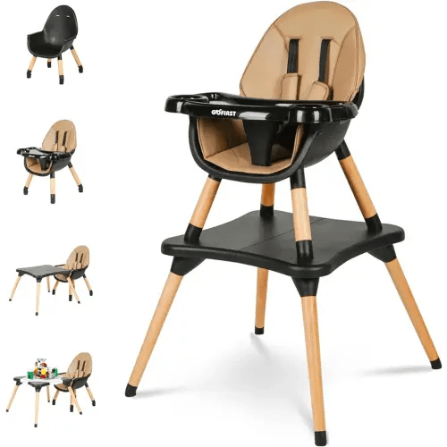Gofirst 6 in 1 Convertible Wooden High Chair for Babies and Toddlers - Infant Dining Booster Seat With Building Block Table and 4-Position Removable Feeding Chair
