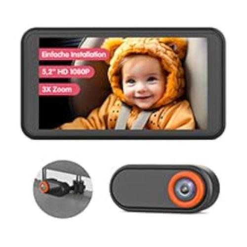 BM2A Baby Car Camera, Night Vision & 5.2" 1080P Display for Rear-Facing Car Seats, Easy No-Damage Install, Patented Anti-Shake Mount – Ideal for Parents and Pet Owners