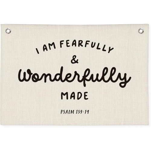 Nursery Decor - Bible Verse Wall Hanging, 'I am Fearfully and Wonderfully Made' Linen Banner, Canvas Decoration for Classroom, Nursery, Kids Room