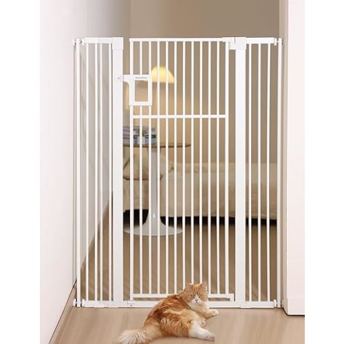 No Pawblems Upgraded 55" Extra Tall Pet Gate for Cat, 29-43" Auto Close Cat Gate for Doorways/Stairs/Hallways, NO Drilling Pressure Mounted Tall Dog Gate Indoor, 1.37" Pet-Safe Gap, White