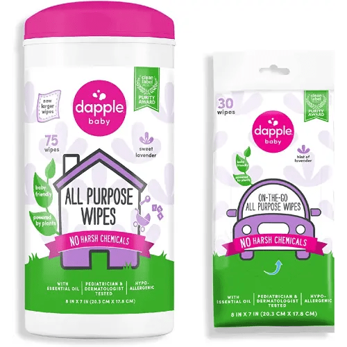 All Purpose Wipes by Dapple Baby, Plant Based & Hypoallergenic Cleaning Wipes, Hint of Lavender, 75 Count Canister + 30 Count (Pack of 1)