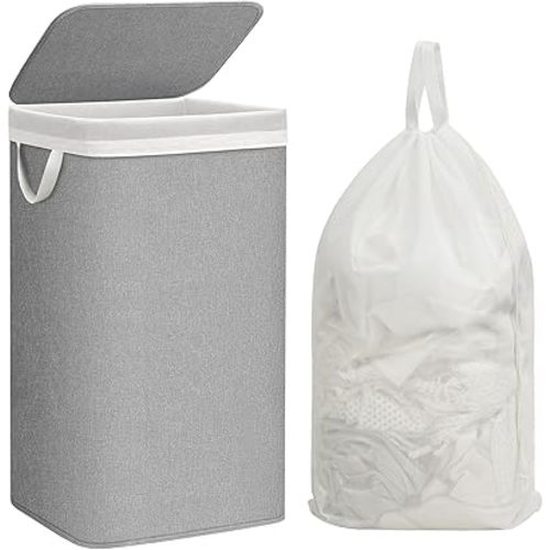 STORAGE MANIAC Metal Frame Laundry Hamper with Lid, 23.7 Gal Tall Laundry Baskets with Removeable Bag, Large Clothes Hamper with PU Tag, Laundry Bin for Dorm, Collage, Bathroom, Bedroom, Gray
