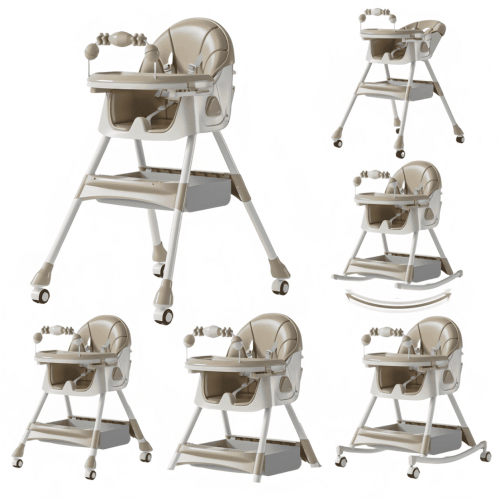 5-in-1 Baby High Chair & Rocking Chair & Baby scooter & Feeding Chair with Toy Rack for for 0 Months to 3 Years,Convertible,Khaki