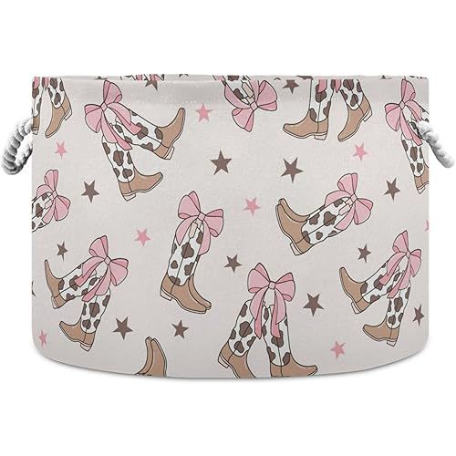 Wusikd Coquette Bows Cotton Rope Basket Cowgirl Boots Baby Laundry Basket for Blankets Toys Storage Basket Bins Box Organizer Basket
