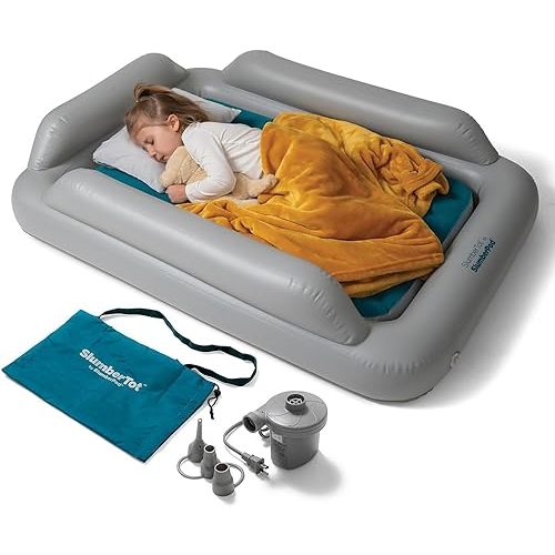 SlumberPod SlumberTot Inflatable Toddler Travel Bed - Portable Kids Air Mattress with Safety Bumpers - Perfectly Sized Ideal for Travel or Home Use - Includes Electric Pump