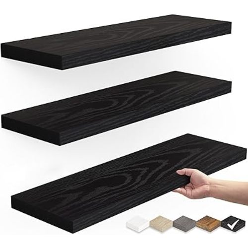 BAYKA Floating Shelves for Wall, Wall Mounted Rustic Wood Shelves for Bathroom, Bedroom, Living Room, Kitchen, Hanging Shelf for Books/Storage/Room Decor with 22lbs Capacity (Black, Set of 3, 15.7in)