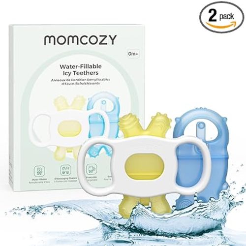 Momcozy Baby Teether Toys, Water Fillable Silicone Cold Teether, Baby Teething Toys Chill Teether, Baby Toys for Teething Relief 0-12 Months, Blue and Yellow 2 Pcs