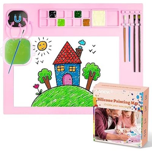 Silicone Painting Mat, Art Mat with Cup, Craft Paint Brush Cleaner Tool, Artist for Kids Gift Clay DIY Creations, Christmas Gifts Box (Pink)