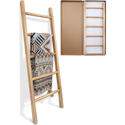 SEKSON Wooden Blanket Ladder Living Room Fully Assembled 5ft (57") Quilt Ladder Decorative Solid Wood Ladders Farmhouse Rustic Throw Blanket Rack Holder for Bedroom Bathroom Display, Brown